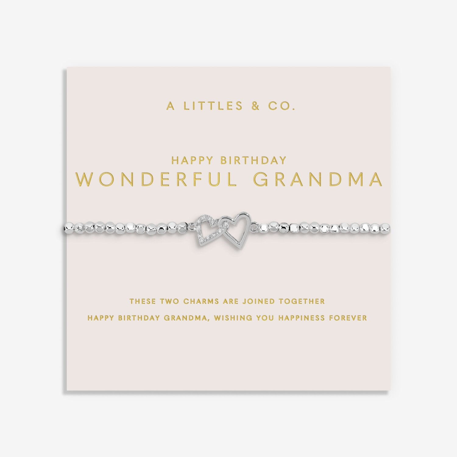 Silver bracelet with heart charm on a 'A Littles & Co.' card for a birthday wish to a wonderful grandma. Available at Be Charemd