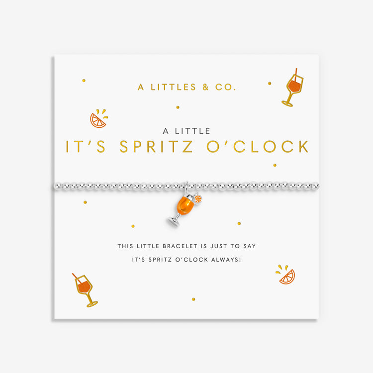 A Littles & Co It’s Spritz O’Clock silver bracelet with a playful charm on card, perfect for gifting and everyday wear. Available at Be Charmed