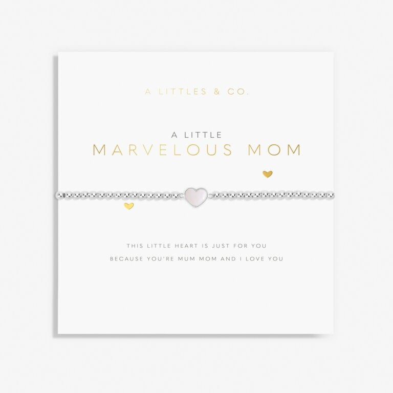 A Littles & Co 'Marvelous Mom' bracelet packaging with a silver-plated charm and a poetic message. Available at Be Charmed