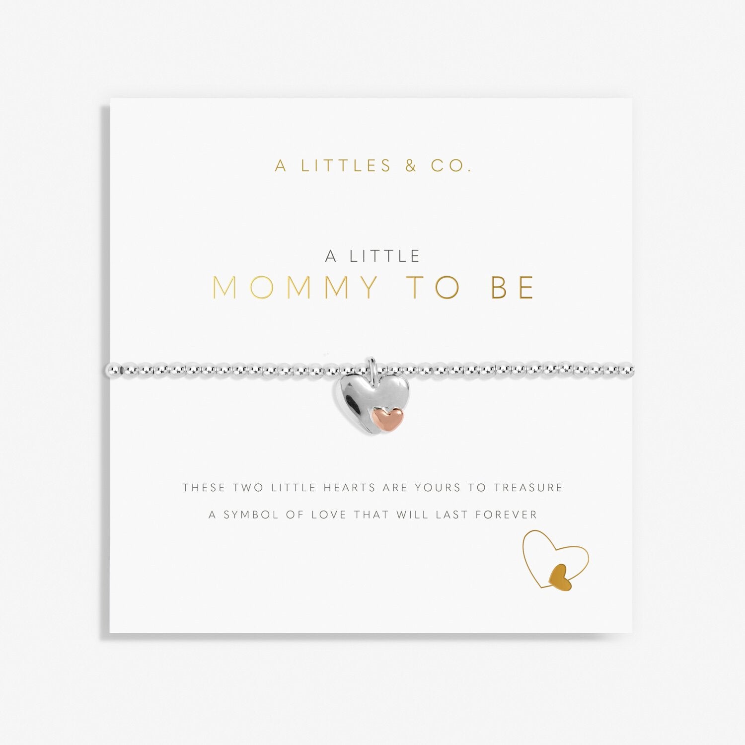 Bracelet with heart charms on a white card with text, featuring 'A Littles & Co.' branding. Available at Be Charmed