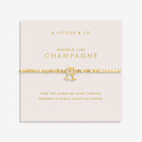 A Littles & Co Gold bracelet with champagne glass charm on a pink card with text. Available at Be Charmed