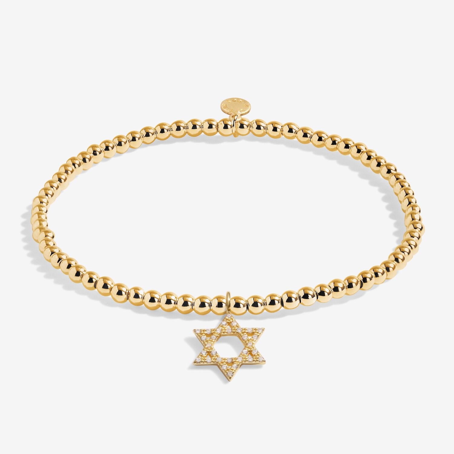 Gold beaded bracelet with a Star of David charm on a white background. Available at Be Charmed