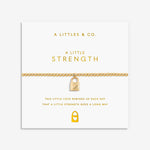 Gold bracelet with lock charm on a white card with 'A Littles & Co.' branding. Available at Be Charmed
