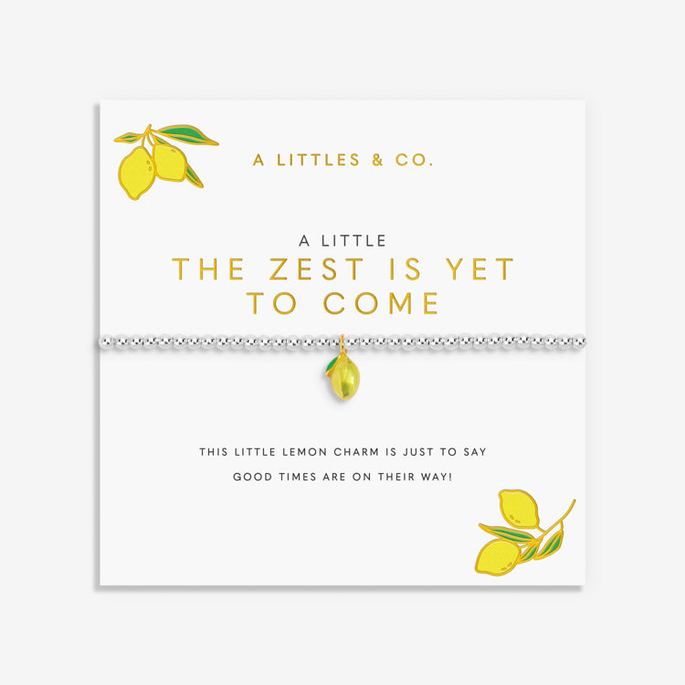 A Littles & Co The Zest Is Yet to Come silver bracelet with a citrus-inspired charm on card, perfect for gifting and everyday wear. Available at Be Charmed