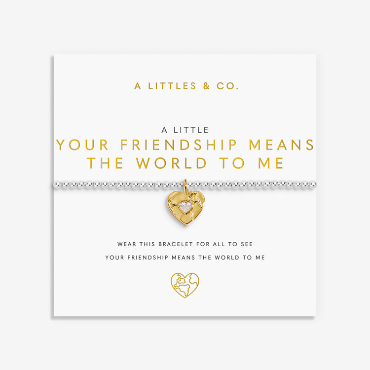 A littles Co Gold heart-shaped bracelet on a white card with text and branding. Available at Be Charmed