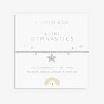 Children's gymnastics bracelet with silver plating, featuring a beaded design and a gymnastics star charm, presented on a card with 'A Littles & Co. A Little Gymnastics' printed on it. Available at Be Charmed