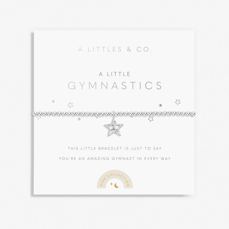 Children's gymnastics bracelet with silver plating, featuring a beaded design and a gymnastics star charm, presented on a card with 'A Littles & Co. A Little Gymnastics' printed on it. Available at Be Charmed