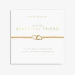 A gold-tone plated bracelet with a mother of pearl pendant, presented on a card with the text 'A Littles & Co. A LITTLE BEAUTIFUL FRIEND'. Available at Be Charmed