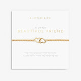 A gold-tone plated bracelet with a mother of pearl pendant, presented on a card with the text 'A Littles & Co. A LITTLE BEAUTIFUL FRIEND'. Available at Be Charmed