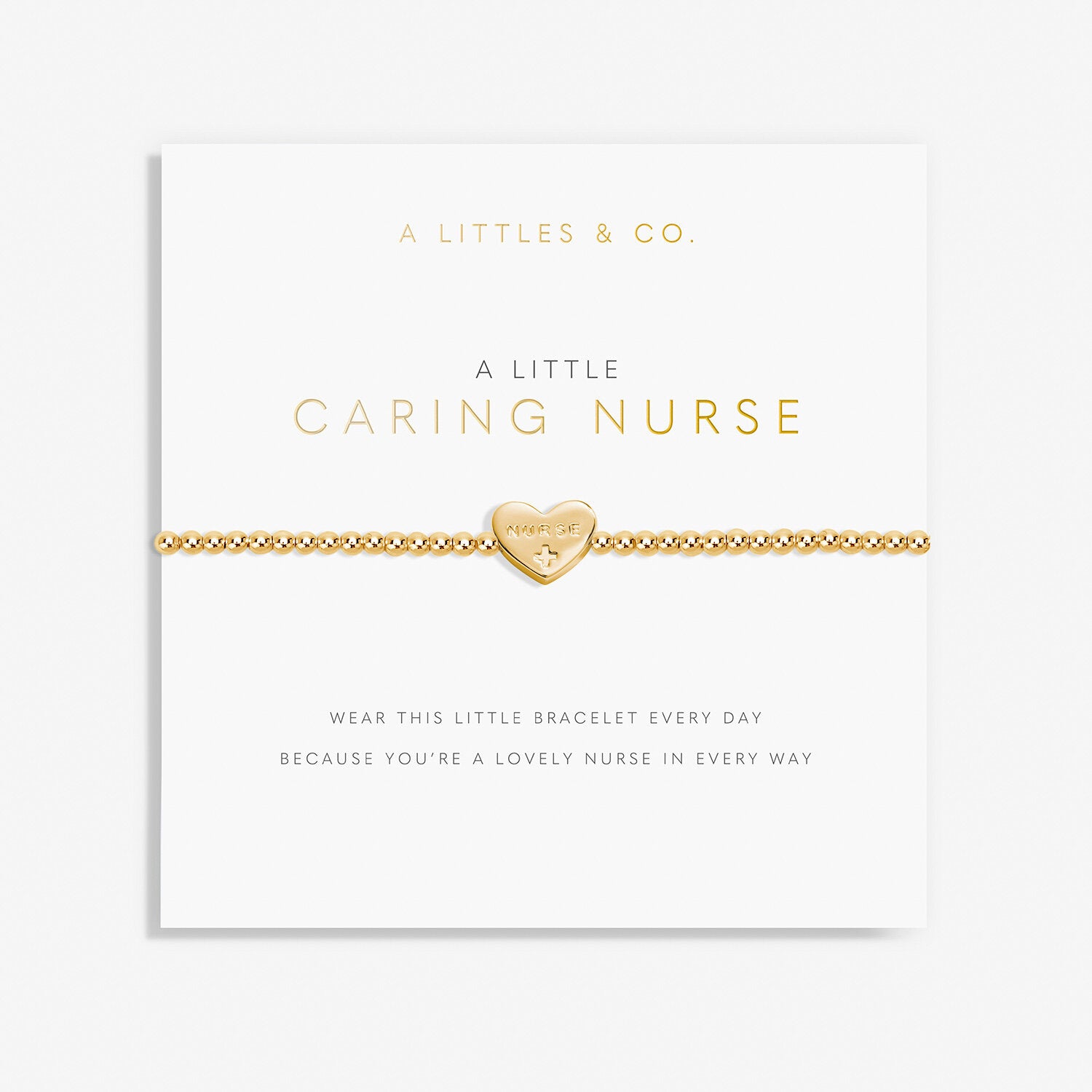 A Littles & Co Gold Caring Nurse Bracelet displayed on card - featuring delicate gold finish with caring nurse engraving—perfect gift to appreciate healthcare heroes from Be Charmed.