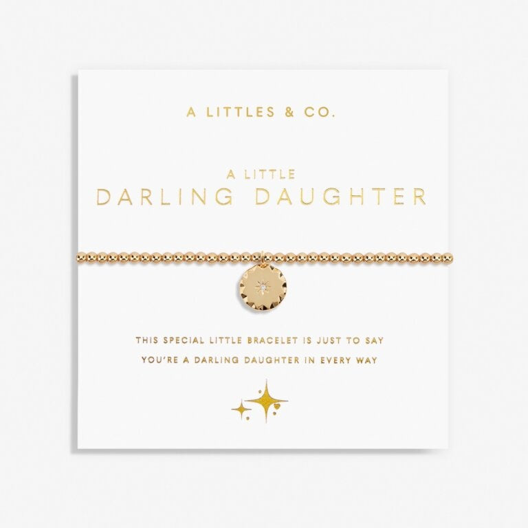 A Littles & Co Gold Darling Daughter Bracelet with a dainty gold heart charm on a stretch bead band, displayed on a sentimental message card, the perfect keepsake gift for daughters, available at Be Charmed