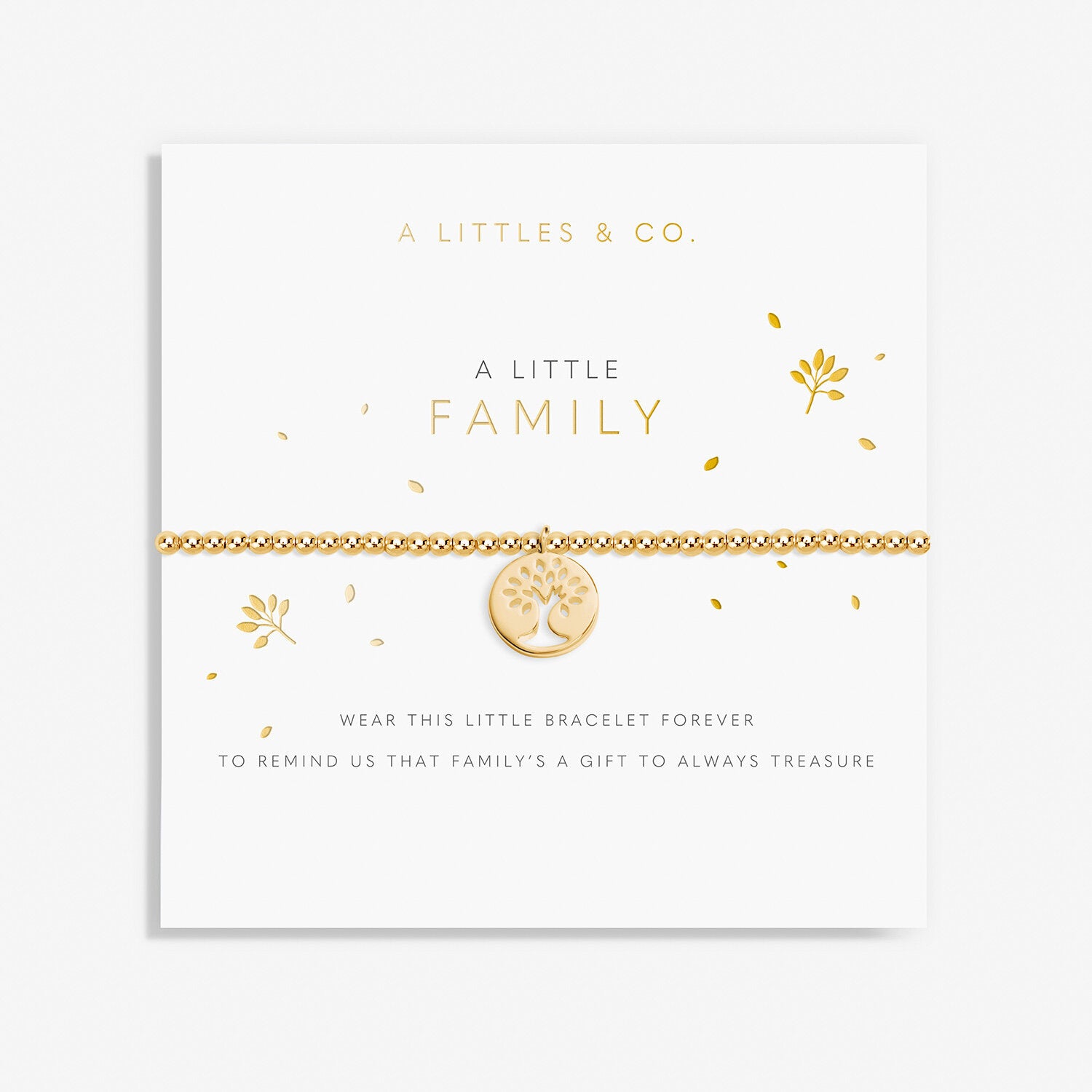 A Littles & Co Gold Family Bracelet with a delicate gold-plated charm on a stretch bead band, displayed on a heartfelt sentiment card, a perfect gift to celebrate family, available at Be Charmed