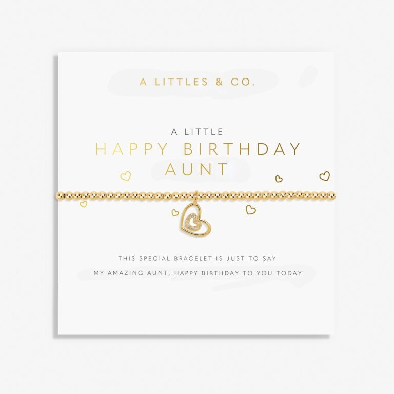 A Littles & Co Gold Happy Birthday Aunt Bracelet displayed on card; featuring delicate gold design with birthday message—perfect gift from Be Charmed.