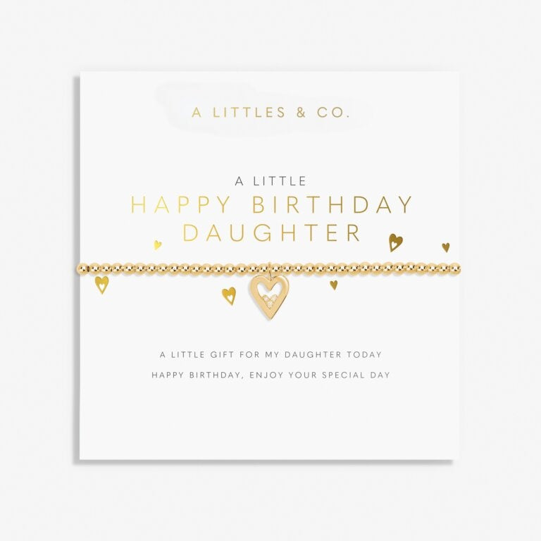 A Littles & Co Gold Happy Birthday Daughter Bracelet displayed on card; featuring delicate gold finish with birthday message—perfect gift from Be Charmed.