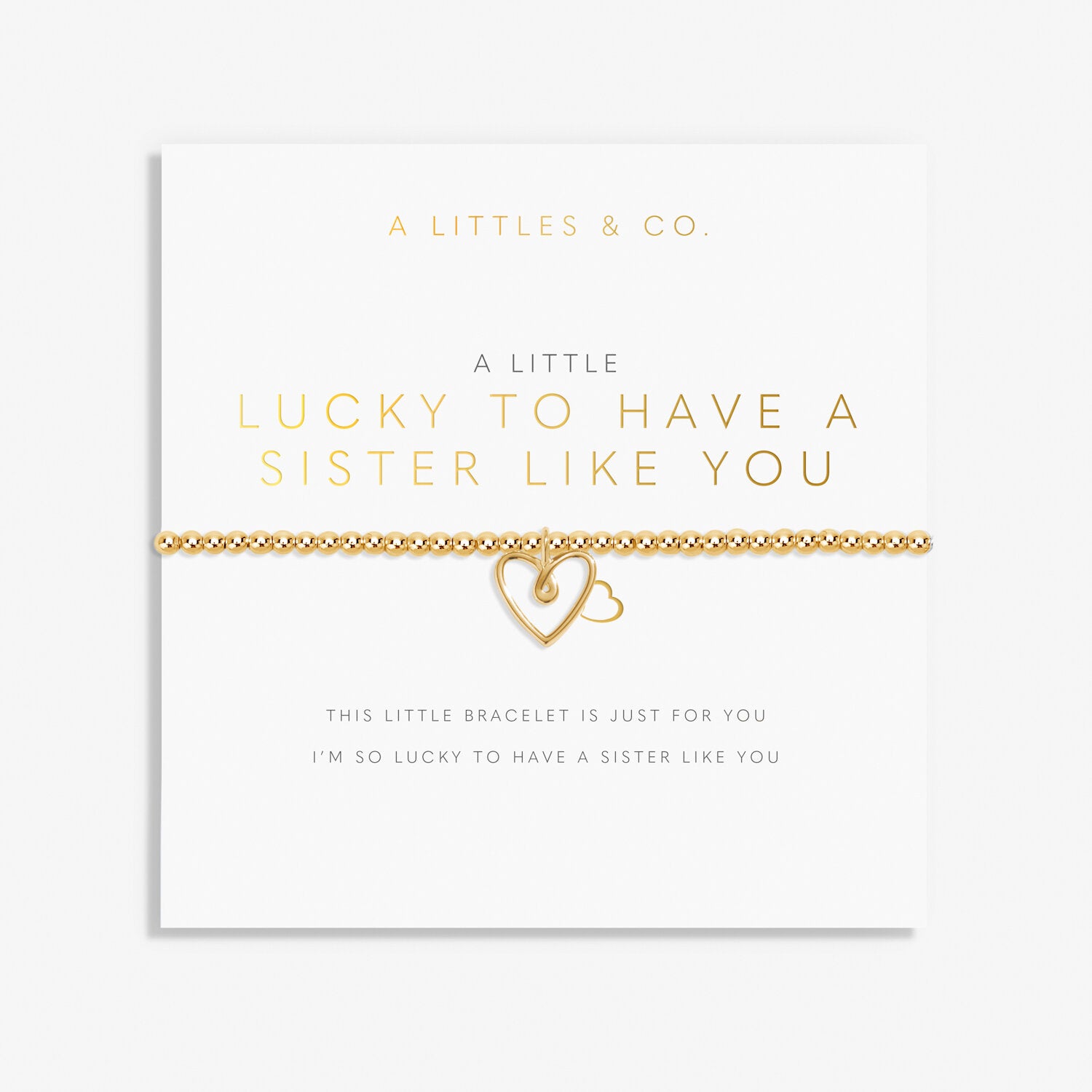 A Littles & Co Lucky to Have a Sister Like You Gold Bracelet—delicate charm design with heartfelt sentiment, perfect sister gift from Be Charmed.