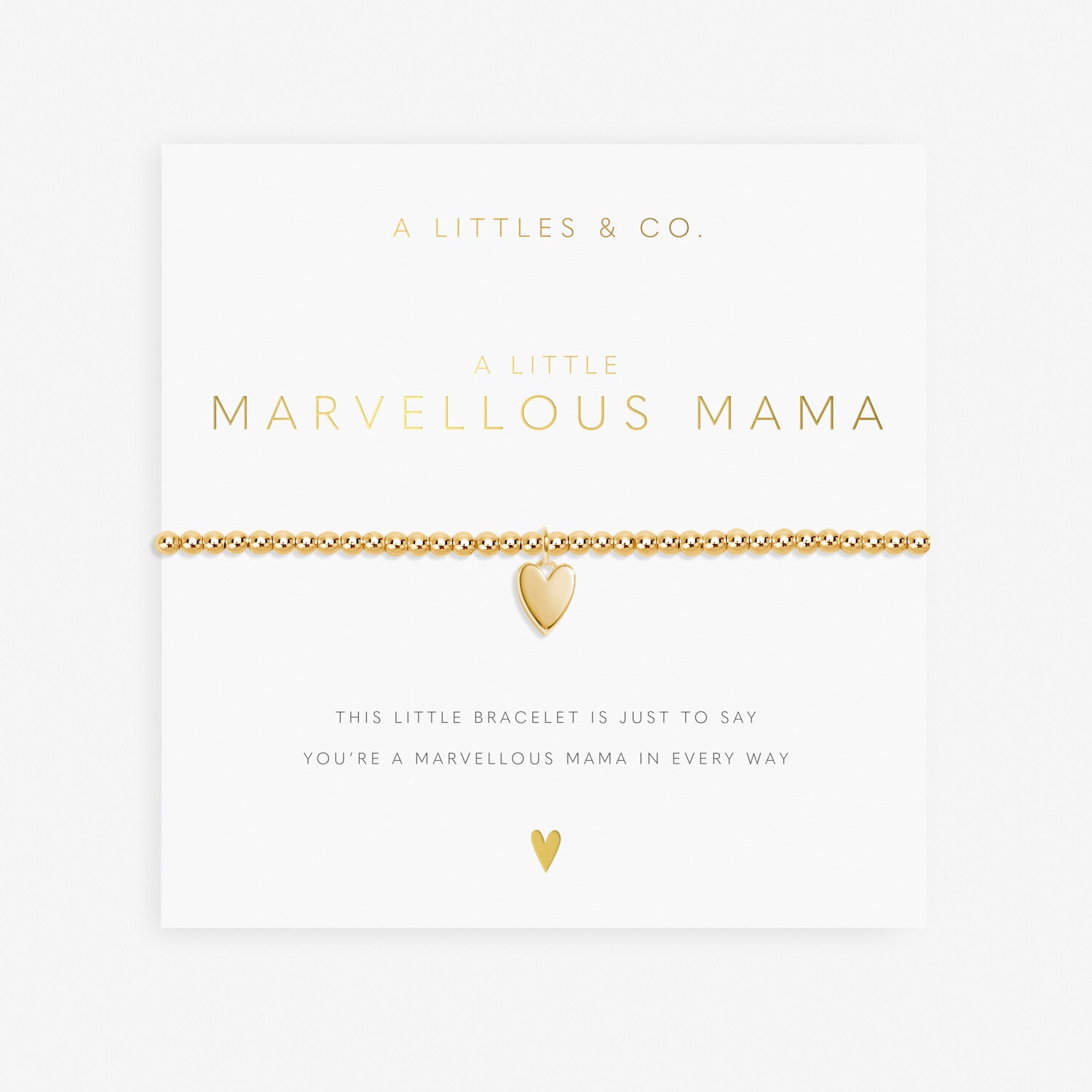 A Littles & Co Marvelous Mama Gold Bracelet displayed on card; featuring delicate gold finish with inspiring “Marvelous Mama” engraving—perfect gift from Be Charmed.