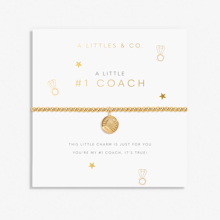 A Littles & Co Number 1 Coach Gold Bracelet on card; featuring a delicate gold finish with coach-themed charm—thoughtful gift for coaches from Be Charmed.