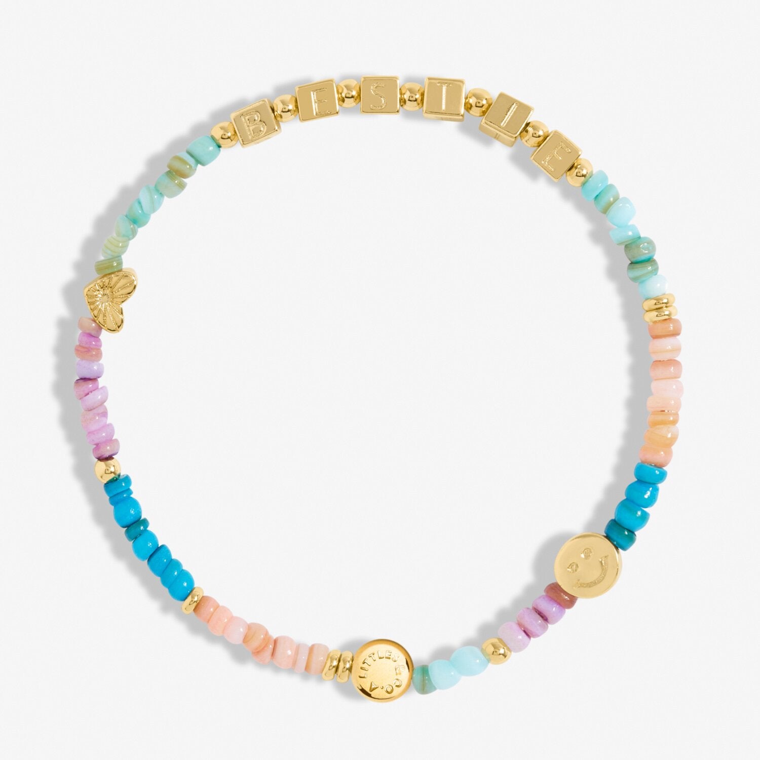 Multicolored beaded bracelet with gold accents on a white background. Available at Be Charmed