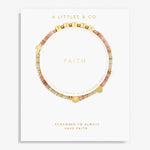 Bracelet with gold and multicolored beads on a white card with 'A Littles & Co.' branding. Available at Be Charmed
