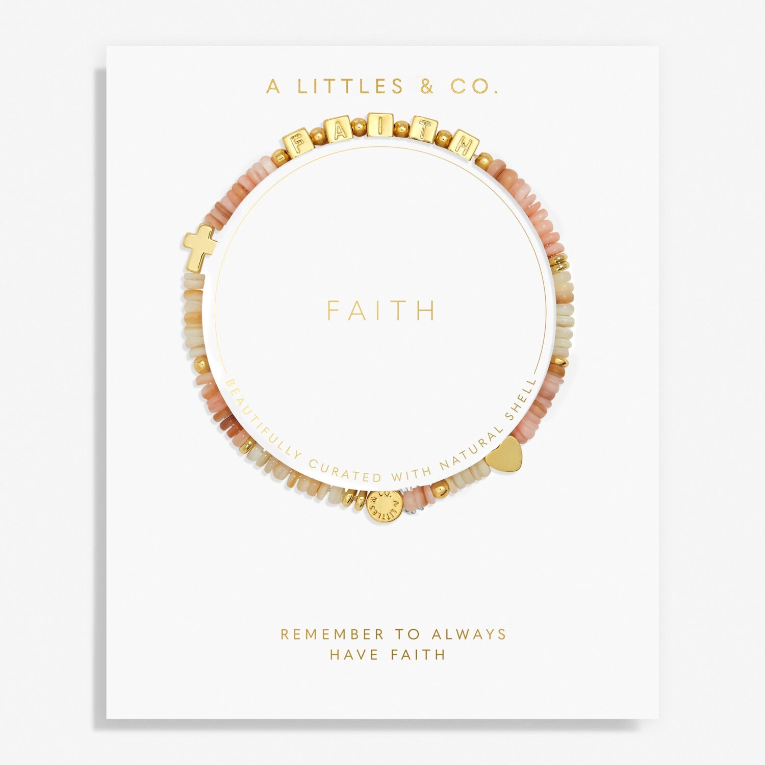 Bracelet with gold and multicolored beads on a white card with 'A Littles & Co.' branding. Available at Be Charmed