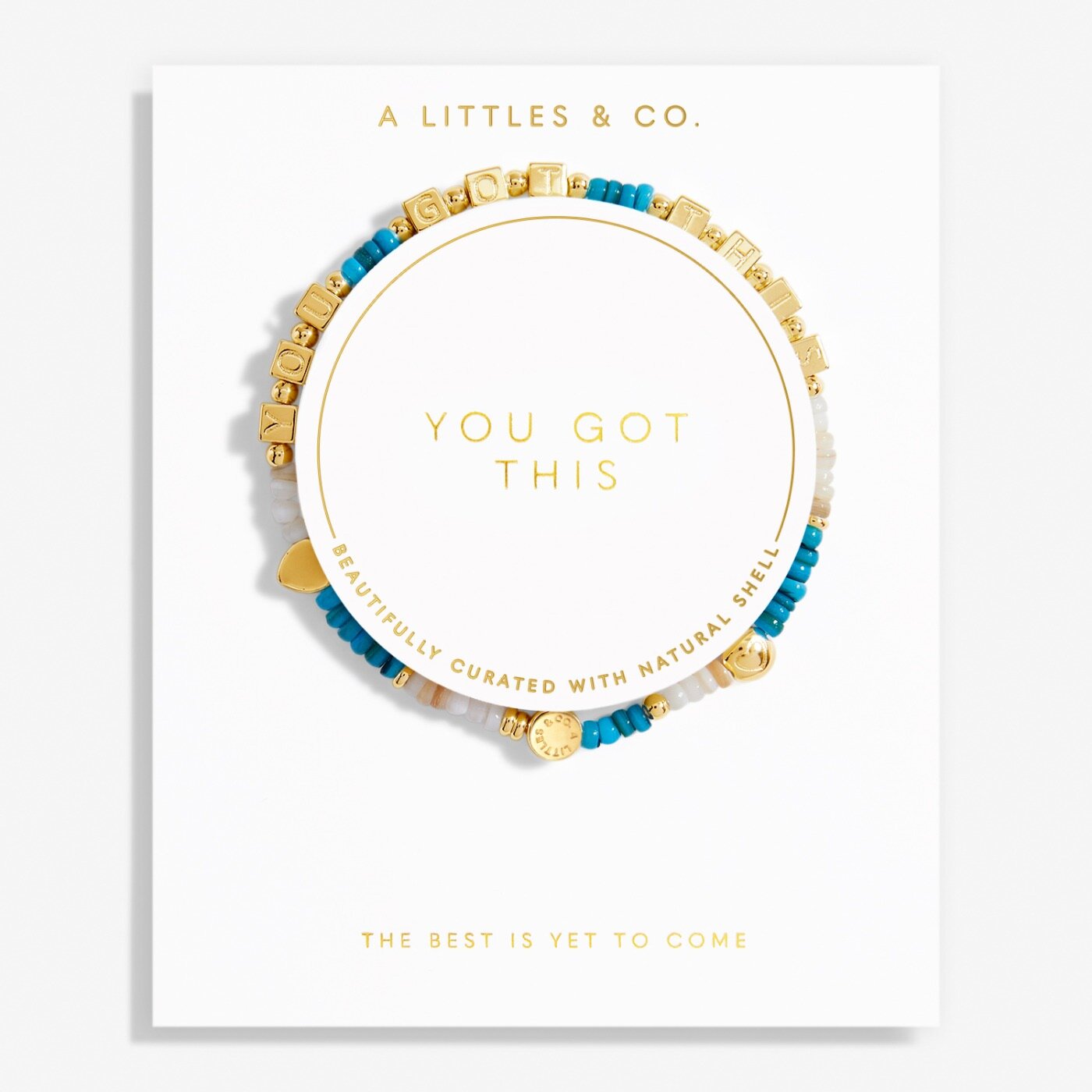 Bracelet with 'You Got This' message on a white background, featuring gold and blue beads. Available at Be Charmed