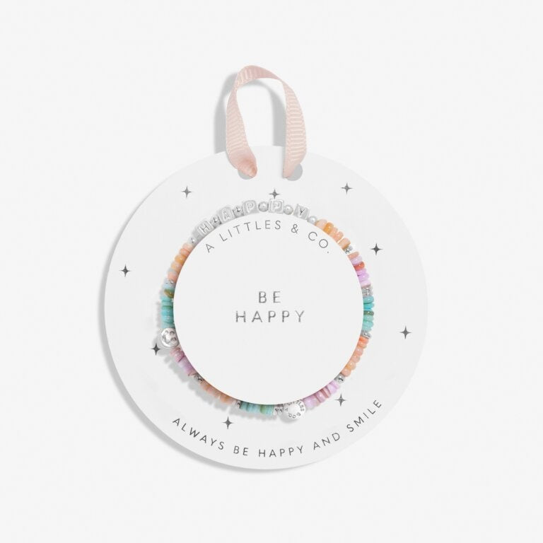  Littles & Co Kids' Happy Little Moments Be Happy Bracelet featuring a cheerful silver-plated sunshine charm on a stretch bead band, presented on an uplifting message card, a joyful gift for kids, available at Be Charmed