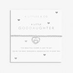 A Littles & Co Kids' Silver Goddaughter Bracelet featuring a sweet silver-plated heart charm on a stretch bead band, displayed on a sentimental goddaughter message card, a beautiful keepsake gift for special occasions, available at Be Charmed