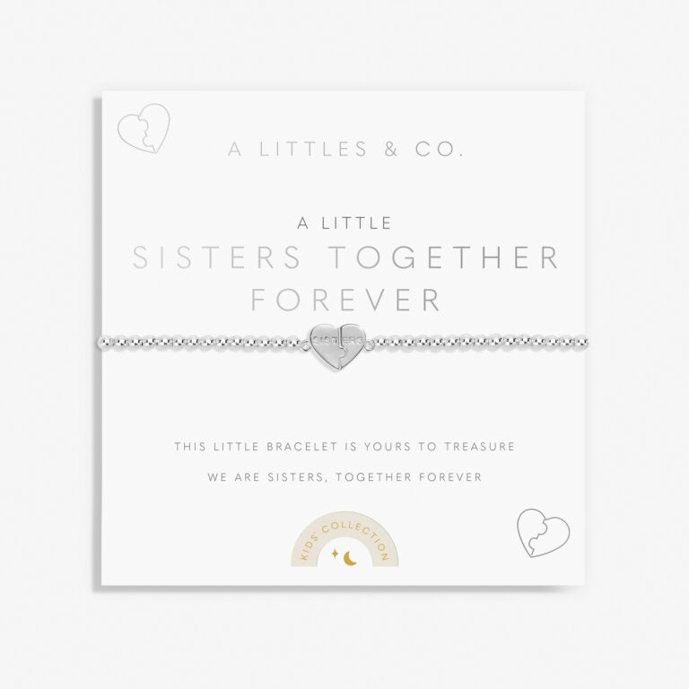 A Littles & Co Kids' Sisters Together Forever Silver Bracelet displayed on card—delicate silver design symbolizing sisterly love, perfect keepsake from Be Charmed.
