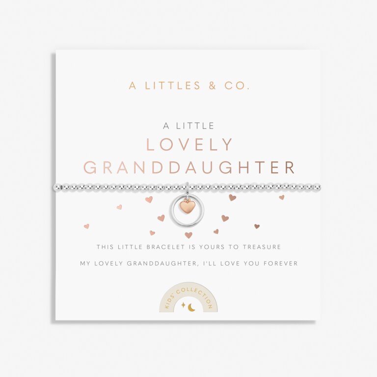 A Littles & Co Kids'Lovely Granddaughter Bracelet displayed on card; in silver and rose gold—delicate design, perfect keepsake gift from Be Charmed.