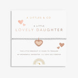 A Littles & Co Lovely Daughter Kids' Bracelet in silver and rose gold displayed on card—delicate design, perfect gift for daughters from Be Charmed.