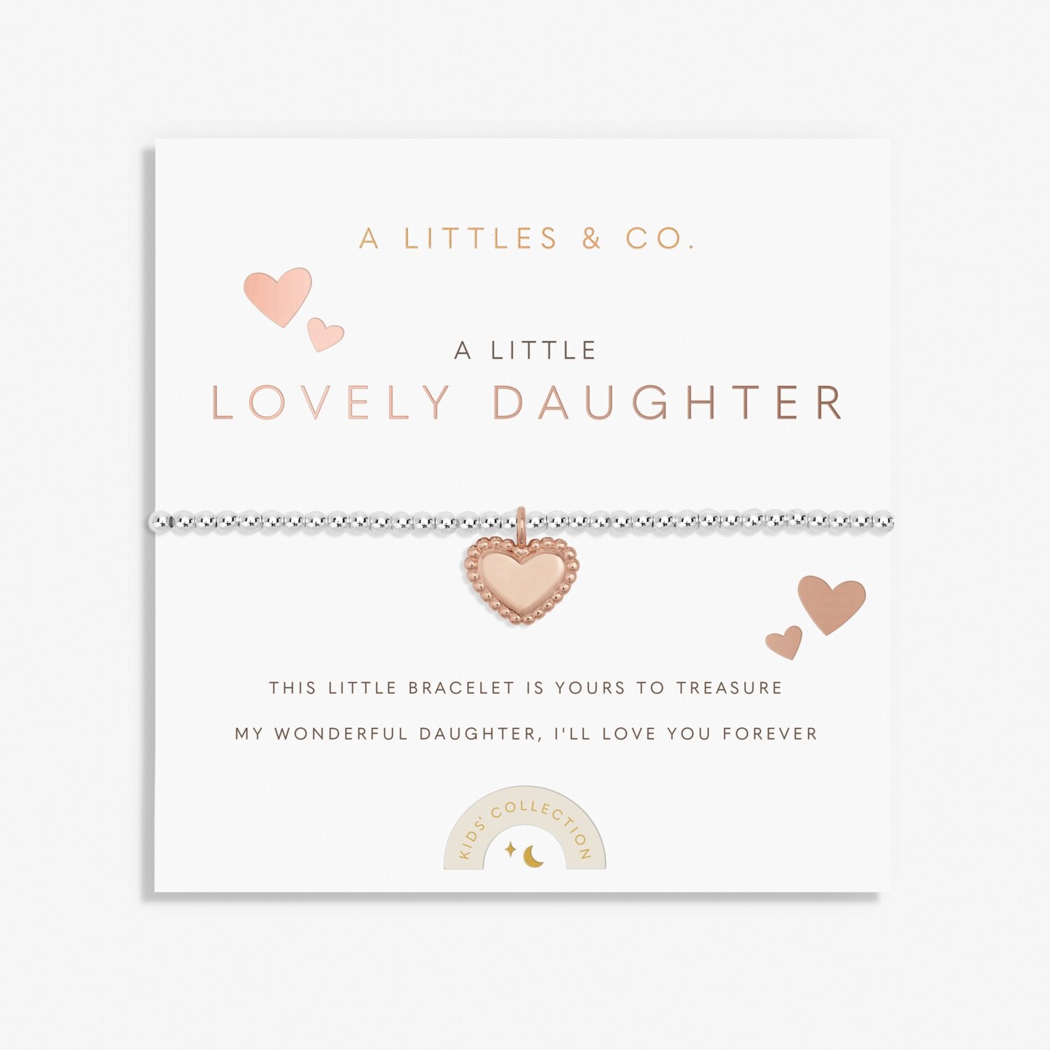 A Littles & Co Lovely Daughter Kids' Bracelet in silver and rose gold displayed on card—delicate design, perfect gift for daughters from Be Charmed.