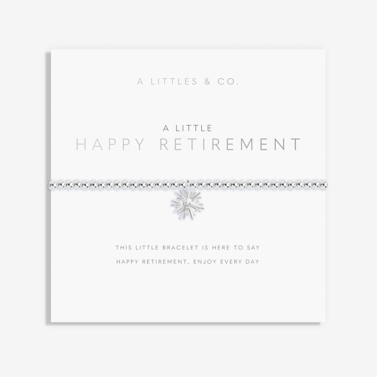 Delicate A Littles & Co Silver Happy Retirement Bracelet featuring a heart-shaped charm and sentiment card, a thoughtful gift, available at Be Charmed