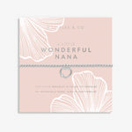 A silver-plated bracelet with a beaded design and a heart charm, presented on a blush pink card with 'WONDERFUL NANA' written on it. Available at Be Charmed