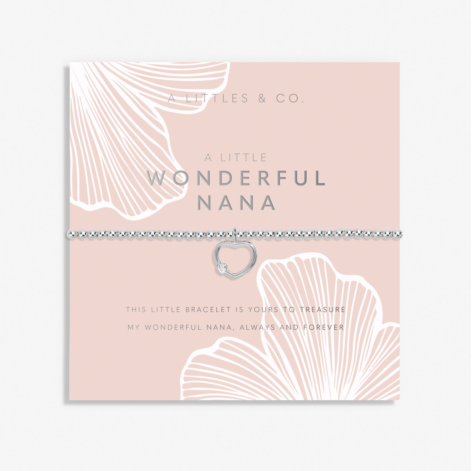 A silver-plated bracelet with a beaded design and a heart charm, presented on a blush pink card with 'WONDERFUL NANA' written on it. Available at Be Charmed