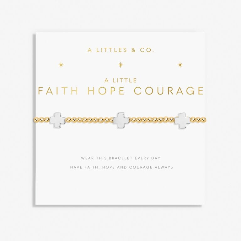  A Littles & Co Faith Hope Courage Silver and Gold Bracelet featuring a dainty two-tone charm on a stretch bead band, displayed on a heartfelt message card, a thoughtful gift of encouragement and resilience, available at Be Charmed
