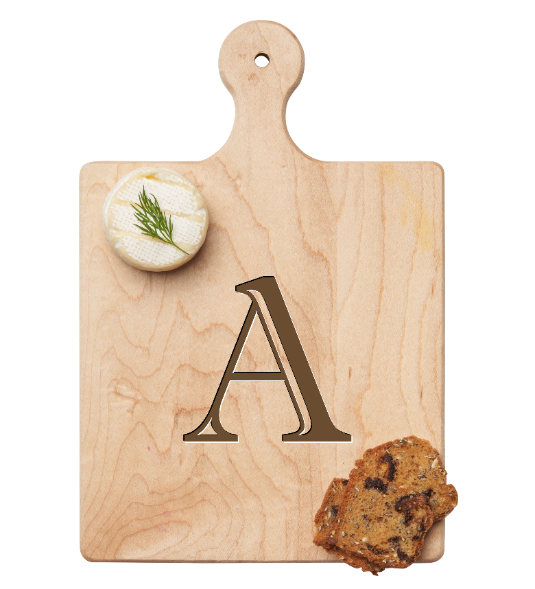 Maple Leaf 9x6 Initial Board A with Spreader. Personalized wooden serving board with monogram design. Perfect gift. Available at Be Charmed.