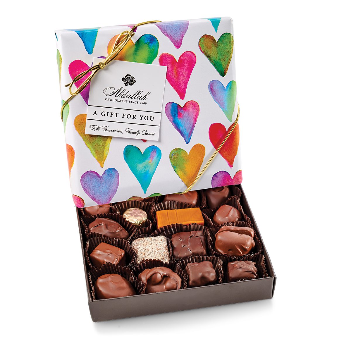 Box of Abdallah chocolates with a colorful heart-patterned lid on a white background. Available at Be Charmed