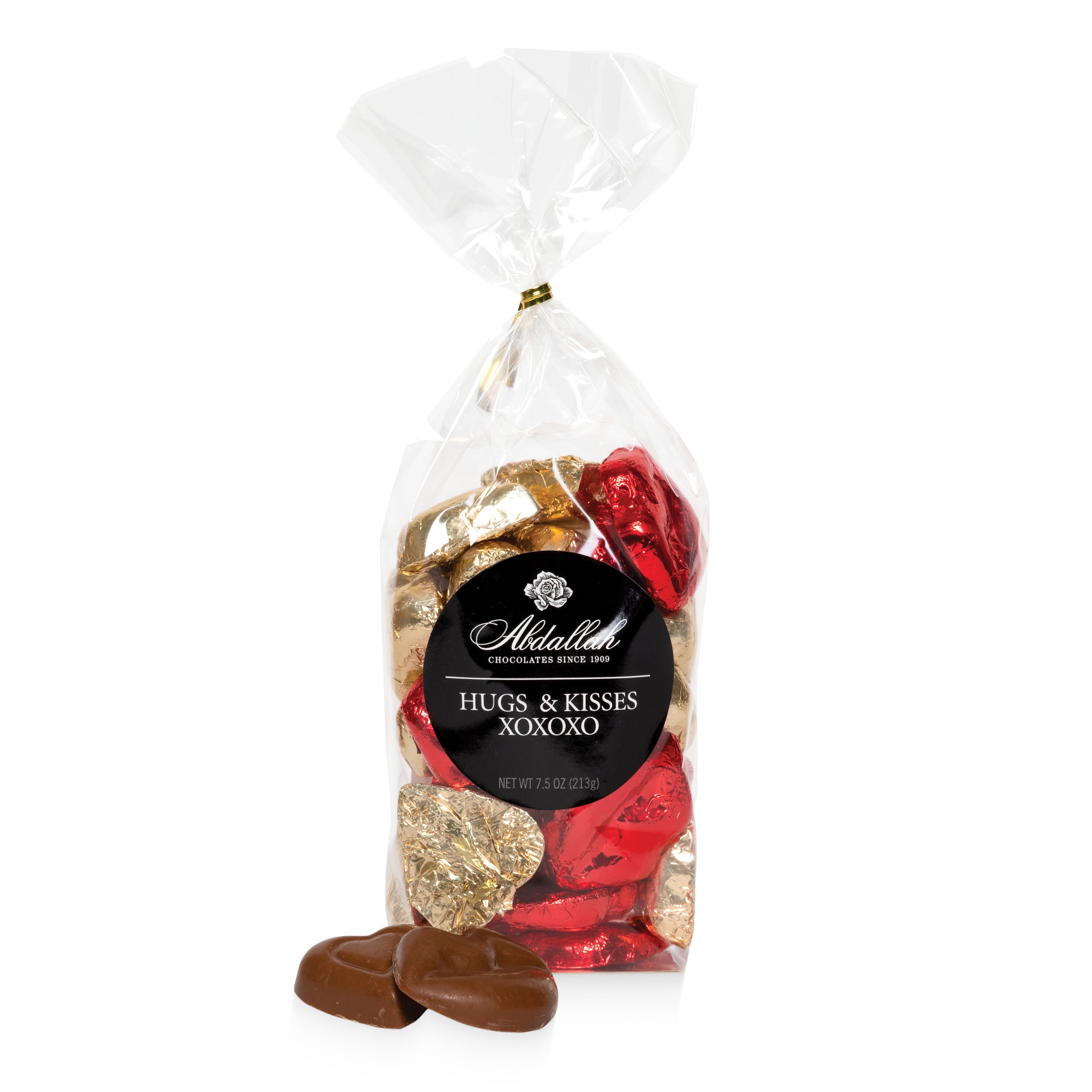 Bag of chocolate heart candies with a Abdallahh brand label on a white background. Available at Be Charmed