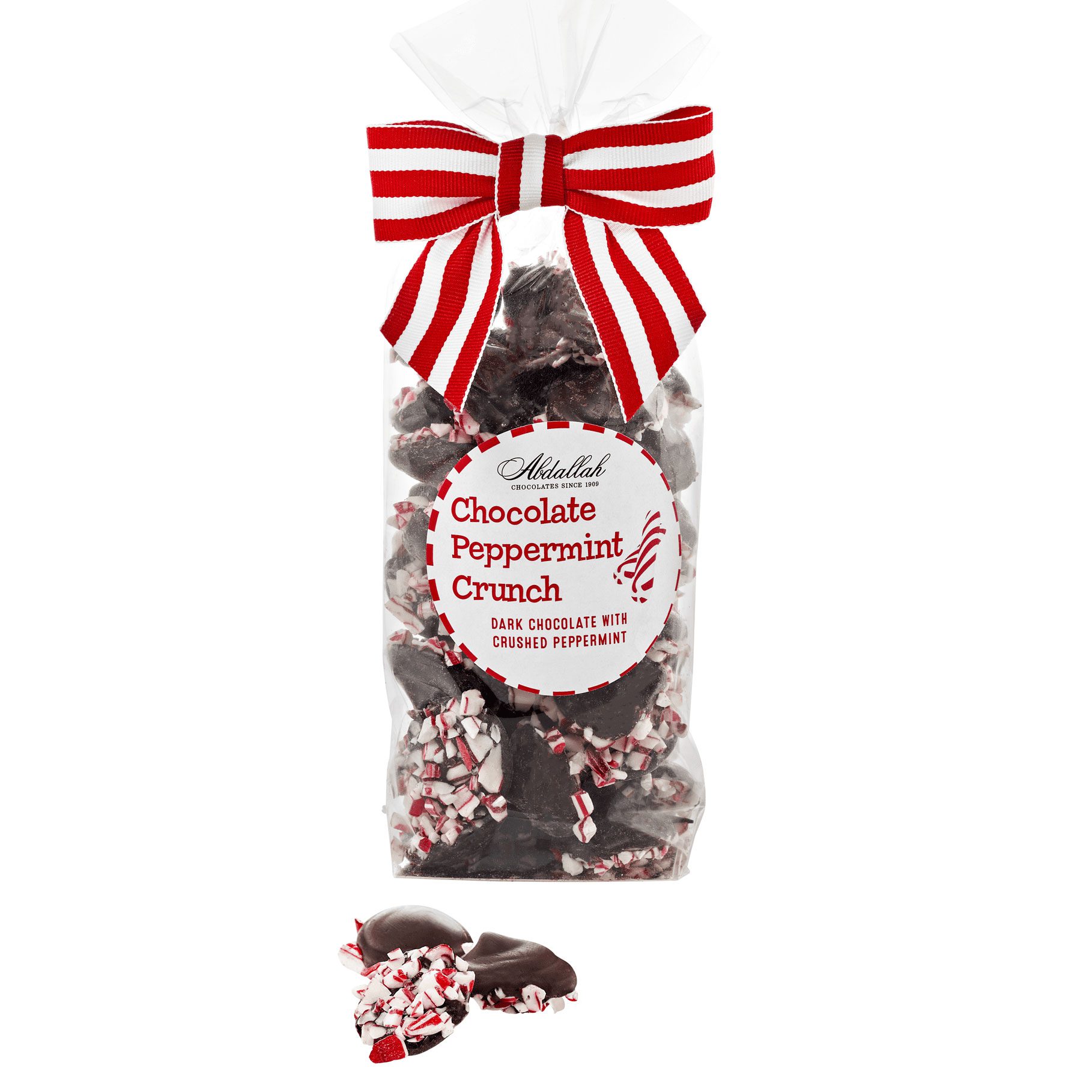 Abdallah 7 oz Bag Dark Chocolate Peppermint Crunch. Rich dark chocolate with crushed peppermint candy. Perfect holiday treat. Available at Be Charmed.