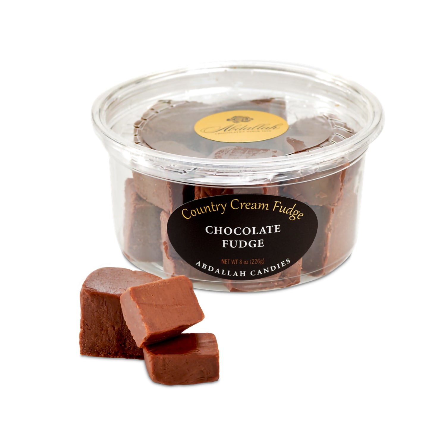 Tub of Abdallah chocolate fudge with a label on a white background. Available at Be Charmed