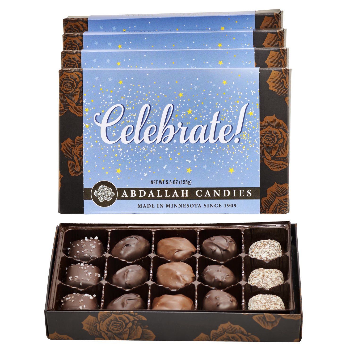 Abdallah Candies chocolate assortment with 'Celebrate!' packaging on a white background. Available at Be Charmed