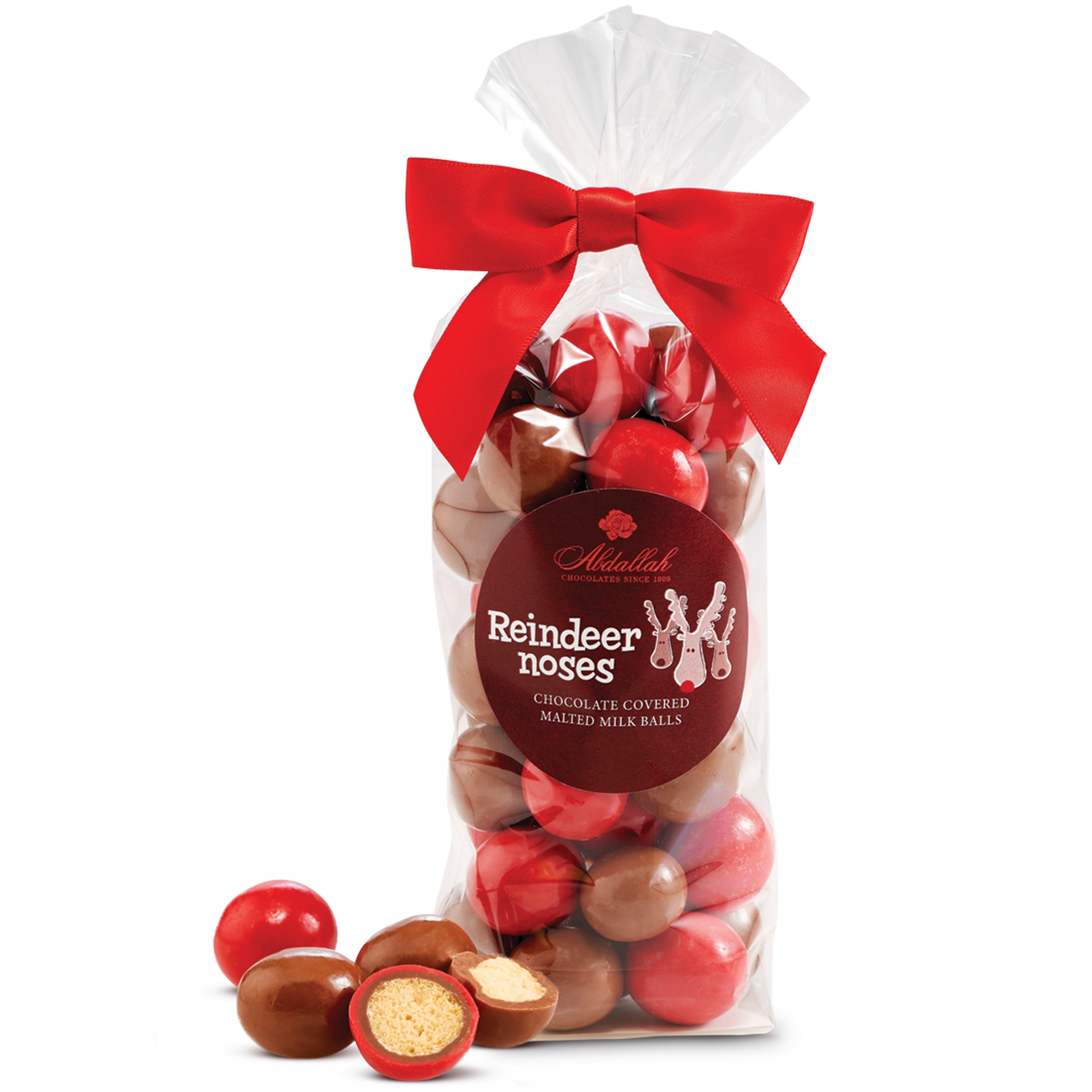 Bag of Abdallah chocolate-covered treats labeled 'Reindeer noses' with a red bow on a white background. Available at Be Charmed. 