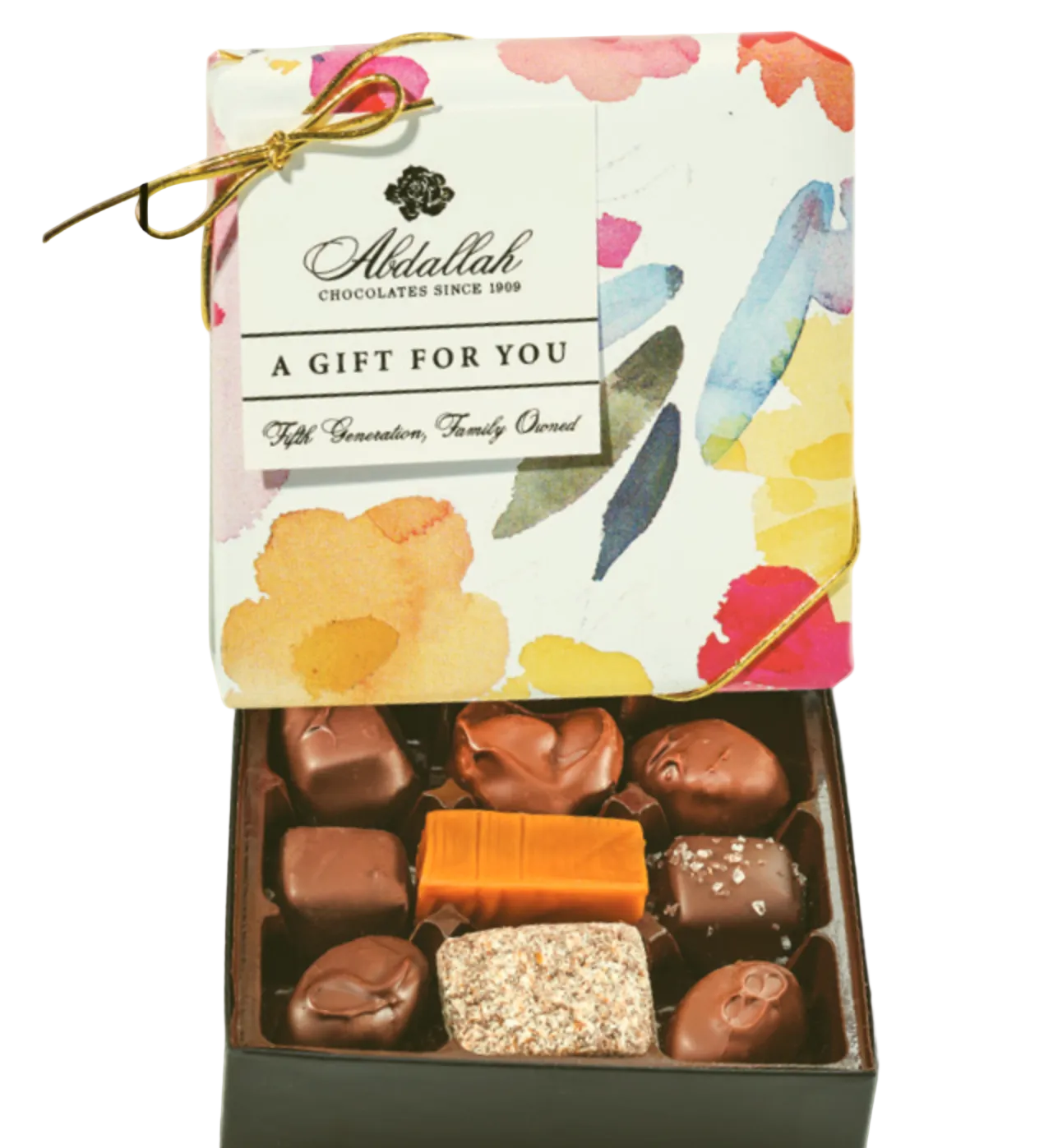 Box of chocolates with a floral design and 'Abdallah Chocolates' branding. Available at Be Charmed
