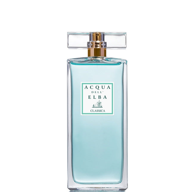 A clear glass bottle of Acqua Dell'Elba Eau De Parfum with a blue liquid and a gold and clear cap. Available at Be Charmed