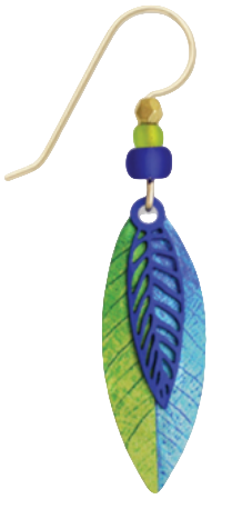 Adajio cobalt blue leaf dangle earrings with layered green and blue design, Available at Be Charmed
