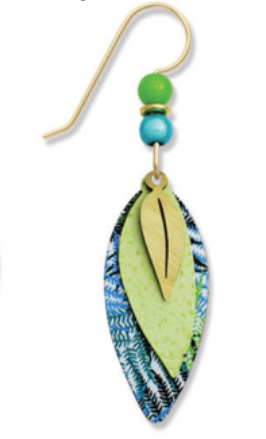 Adajio 3-piece lightweight dangle earrings featuring layered blue-green fern leaves with delicate gold-plated leaf overlay, perfect for nature-inspired elegance, Available at Be Charmed