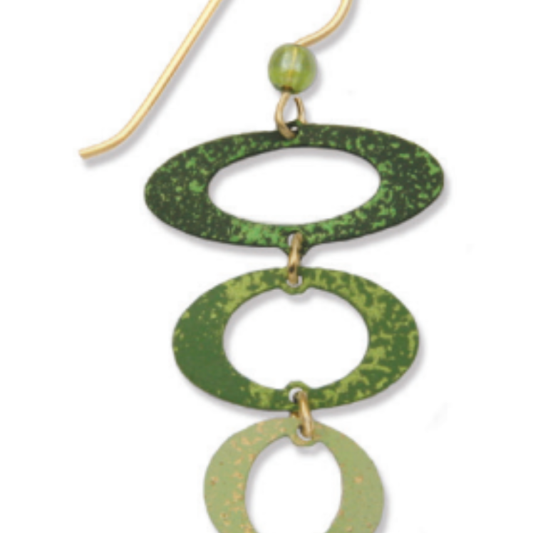 Adajio Earrings – 3 Green Open Ovals. Lightweight, nature-inspired dangle earrings with layered green ovals. Handmade in the USA. Available at Be Charmed.
