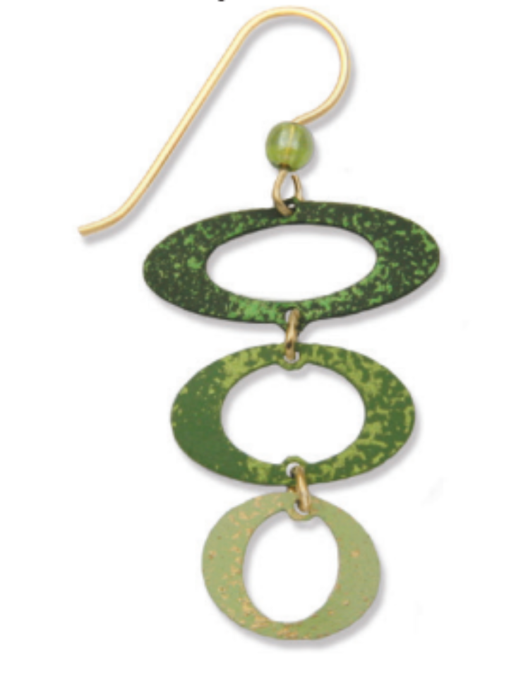 Adajio Earrings – 3 Green Open Ovals. Lightweight, nature-inspired dangle earrings with layered green ovals. Handmade in the USA. Available at Be Charmed.