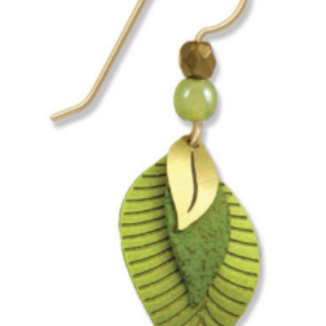 Adajio 3 Part Green & Brass Leaf Earrings. Handmade, lightweight artisan earrings with natural design. Available at Be Charmed.