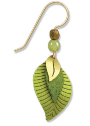 Adajio 3 Part Green & Brass Leaf Earrings. Handmade, lightweight artisan earrings with natural design. Available at Be Charmed.